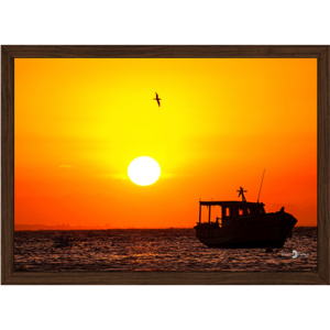 Quadro Pôr do Sol e Barco - Horizontal - 016 - Moldura Tradicional Tabaco